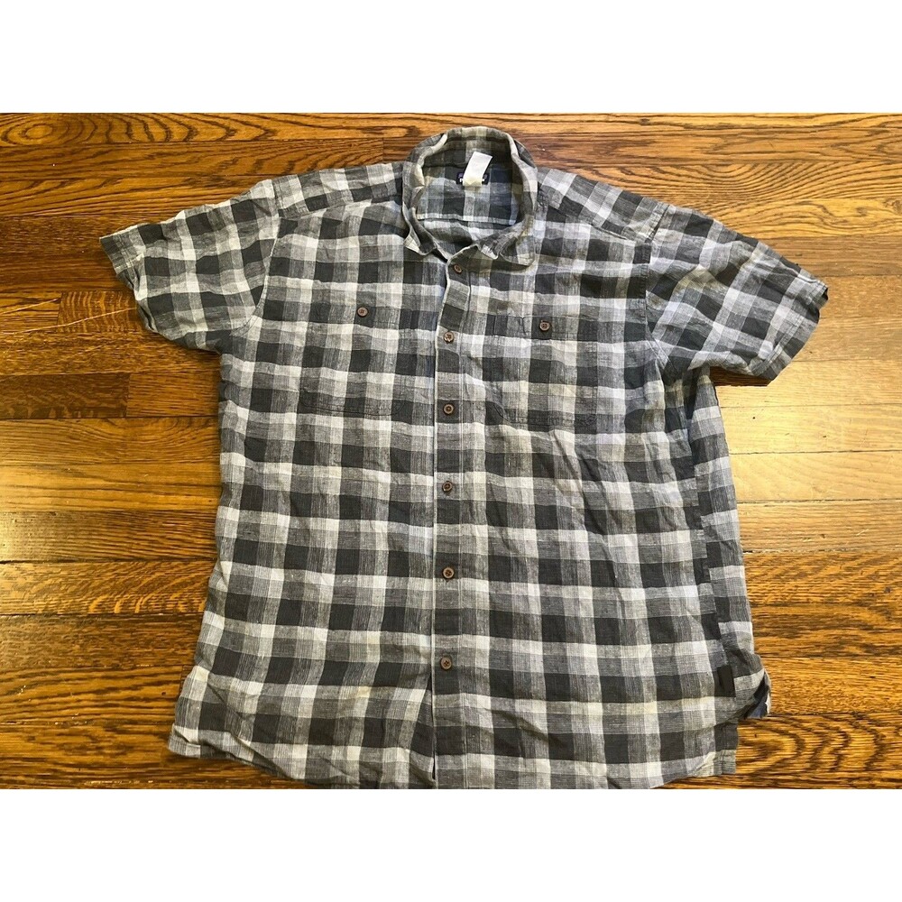 Patagonia Organic Cotton Men's XL Short Sleeve Button Down Blue Plaid Shirt